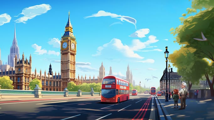 Digital illustration of a grandpa and a young girl walking near London's Big Ben and the Houses of Parliament, with a red double-decker bus passing by under a clear sky with scattered clouds.